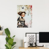 ヴィンテージインスパイアゴシックガールウォーター色バラレイブン ポスター (ホームオフィス)