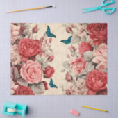 ヴィンテージインスパイアピンクと赤のバラ蝶 薄葉紙 (クラフト)