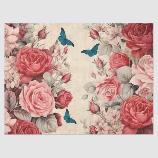 ヴィンテージインスパイアピンクと赤のバラ蝶 薄葉紙 (正面)