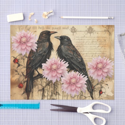 ヴィンテージインスパイアピンクの花とラヴェンス 薄葉紙 (クラフト)