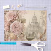 ヴィンテージインスパイアピンクローズ&建物ティッシュペーパー 薄葉紙 (クラフト)