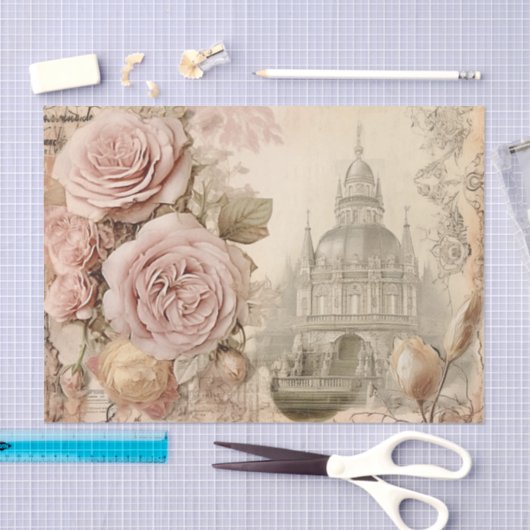 ヴィンテージインスパイアピンクローズ&建物ティッシュペーパー 薄葉紙 (クラフト)