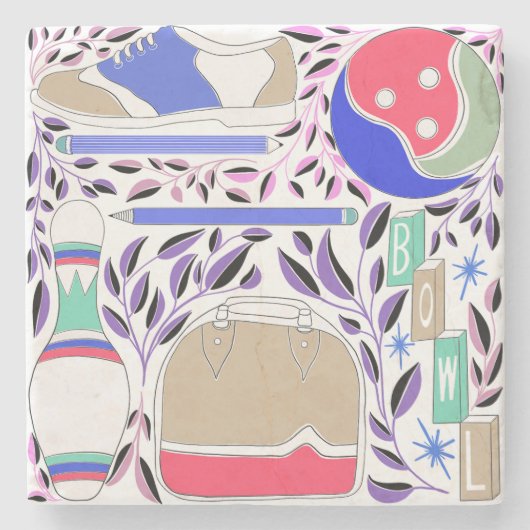 ヴィンテージインスパイアフォークアートボーリングピンとバッグ ストーンコースター (正面)