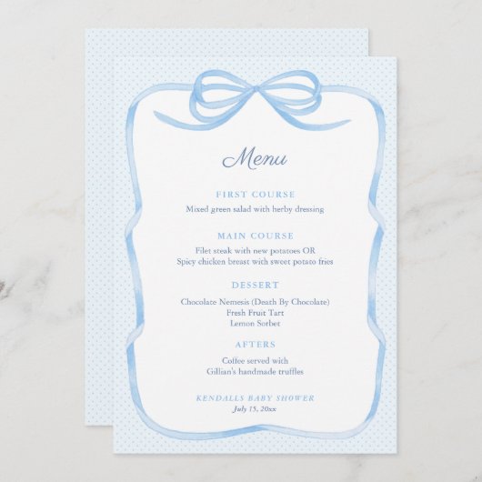 ヴィンテージインスパイアブルーボーイベビーシャワーパーティー メニュー (正面/裏面)