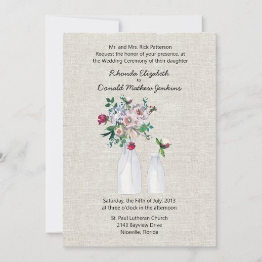 ヴィンテージインスパイアリネンとミルクのボトル結婚ズ 招待状 (正面)