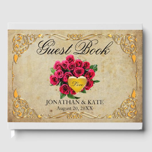 ヴィンテージインスパイアレッドローゼアンド金ゴールド結婚ズ ゲストブック (正面)