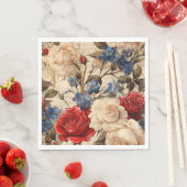 ヴィンテージインスパイアレッド・ローズとガーデン花模様 スタンダードランチョンナプキン (インサイチュ)