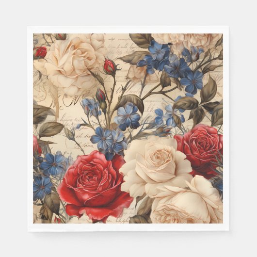 ヴィンテージインスパイアレッド・ローズとガーデン花模様 スタンダードランチョンナプキン (正面)