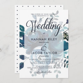 ヴィンテージインスパイア青フローラ(ドット付き結婚) 招待状