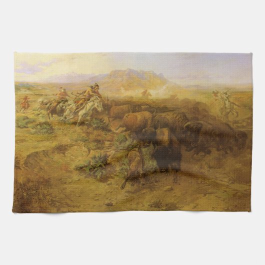 ヴィンテージインディアン、バッファロー狩りby CM Russell キッチンタオル (横)
