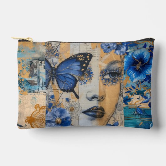 ヴィンテージインディゴブルーフローラ抽象芸術コラージュ アクセサリーポーチ (正面)