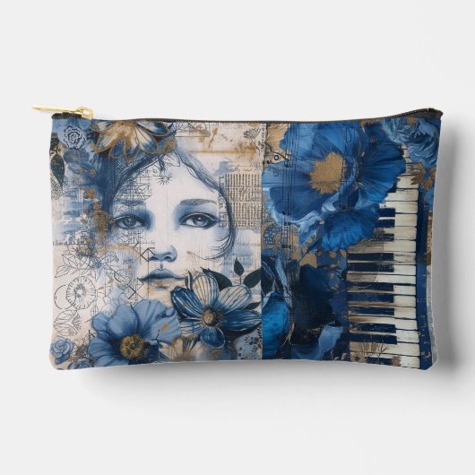ヴィンテージインディゴブルーフローラ抽象芸術コラージュ アクセサリーポーチ (正面)