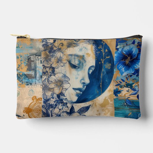 ヴィンテージインディゴブルーフローラ抽象芸術コラージュ アクセサリーポーチ (正面)