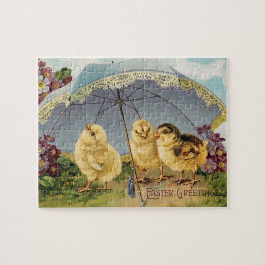 ヴィンテージイースターのかわいいひな、日傘の下 ジグソーパズル (横)