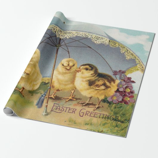 ヴィンテージイースターのかわいいひな、日傘の下 ラッピングペーパー (アンロールド)