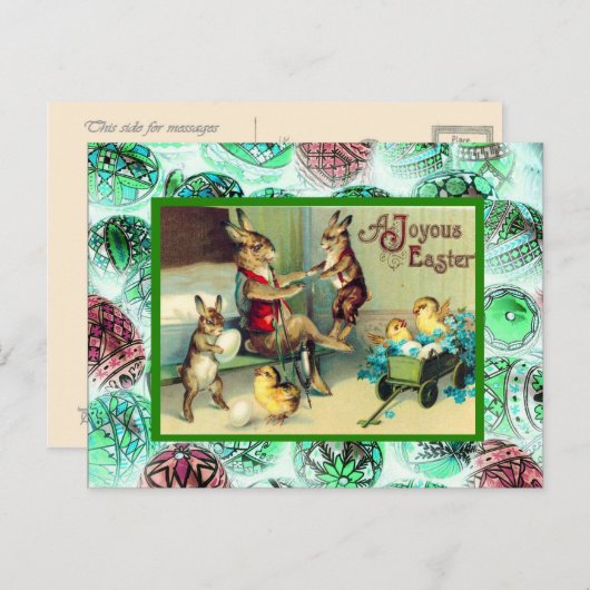 ヴィンテージイースターのウサギ家庭で シーズンポストカード (正面/裏面)