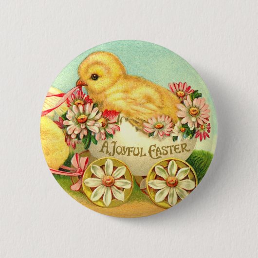 ヴィンテージイースターの卵のひよこフローラの花 缶バッジ (正面)