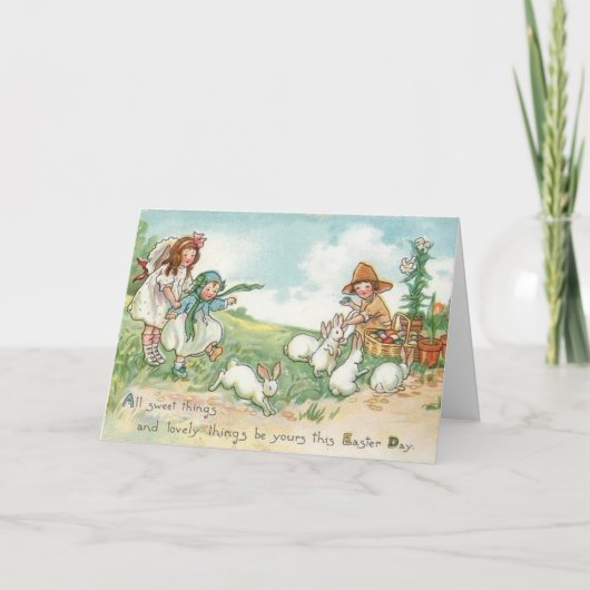 ヴィンテージイースターの子どもたちとイースターバニー シーズンカード (正面)