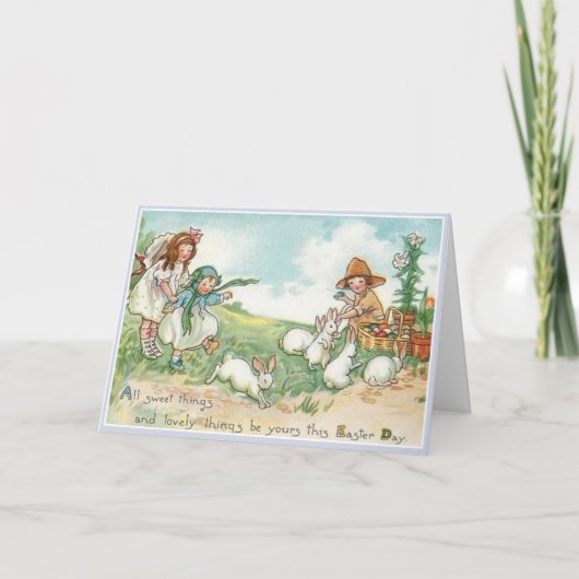 ヴィンテージイースターの子どもたちとイースターバニー シーズンカード (正面)