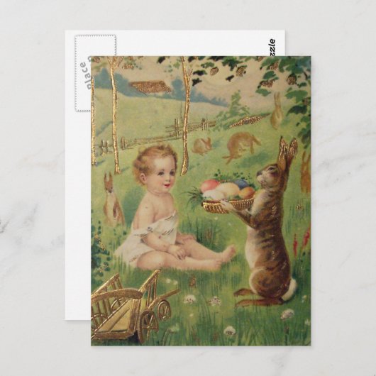 ヴィンテージイースターの子どもとウサギ ポストカード (正面/裏面)