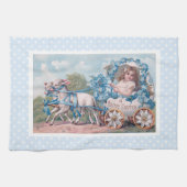 ヴィンテージイースターイラストレーションと少女と子羊 キッチンタオル (横)