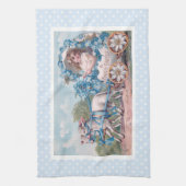 ヴィンテージイースターイラストレーションと少女と子羊 キッチンタオル (縦)