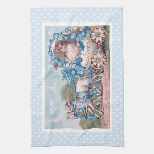 ヴィンテージイースターイラストレーションと少女と子羊 キッチンタオル (縦)