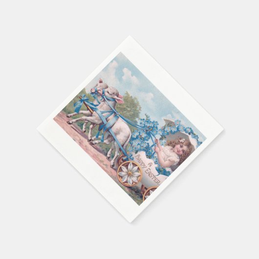 ヴィンテージイースターイラストレーションと少女と子羊 スタンダードカクテルナプキン (角)