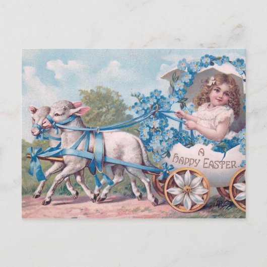 ヴィンテージイースターイラストレーションと少女と子羊 ポストカード (正面)