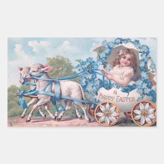 ヴィンテージイースターイラストレーションと少女と子羊 長方形シール (正面)