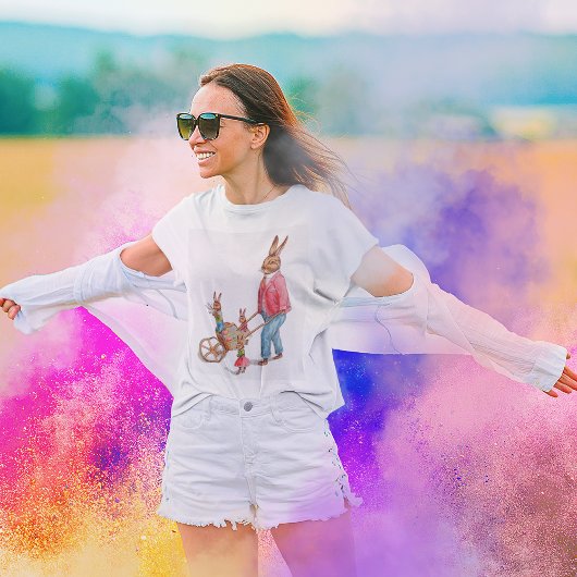 ヴィンテージイースターウサギと卵のカートレディの家族 Tシャツ