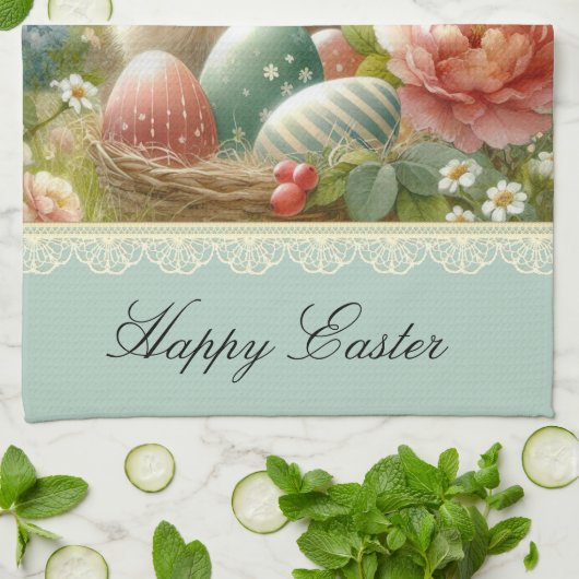 ヴィンテージイースターエッグとウサギのキッチンタオル キッチンタオル (折り畳み)