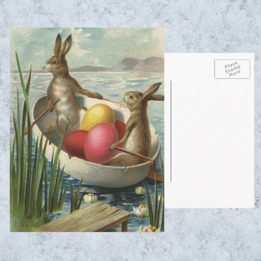 ヴィンテージイースターエッグとボートのイースターバニー シーズンポストカード