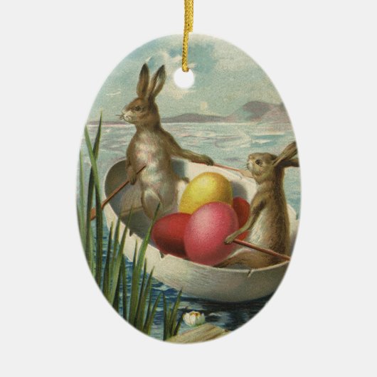 ヴィンテージイースターエッグとボートのイースターバニー セラミックオーナメント (正面)