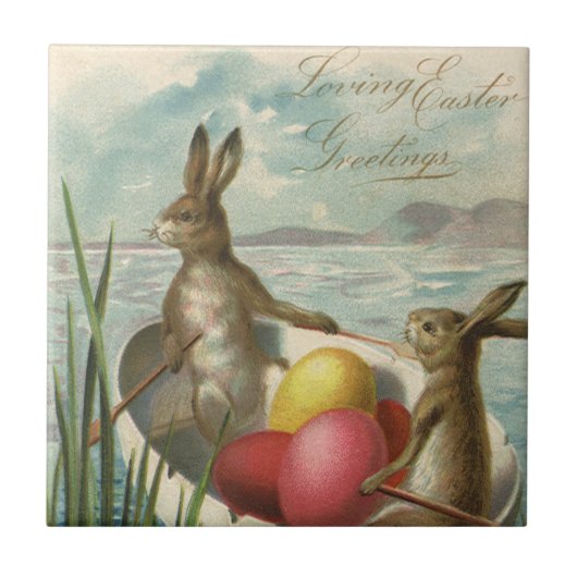 ヴィンテージイースターエッグとボートのイースターバニー タイル (正面)