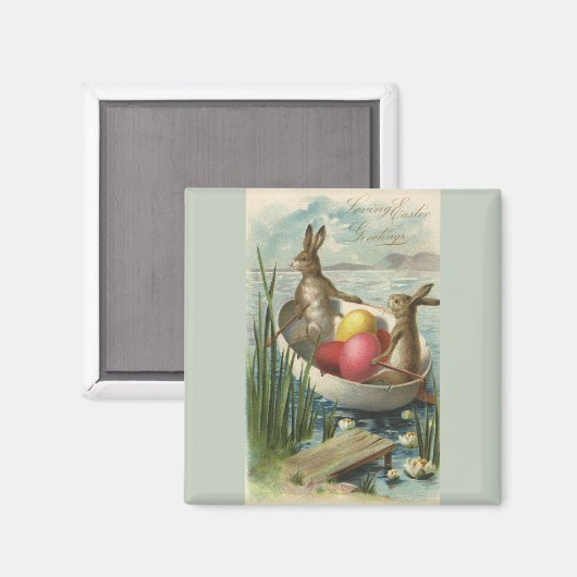 ヴィンテージイースターエッグとボートのイースターバニー マグネット (正面/裏面)