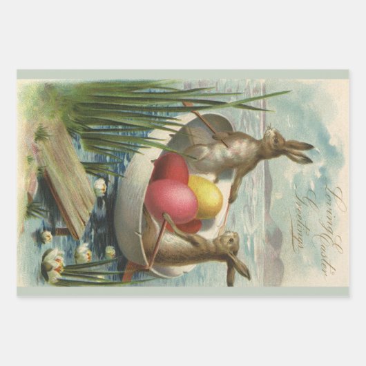 ヴィンテージイースターエッグとボートのイースターバニー ラッピングペーパーシート (正面2)