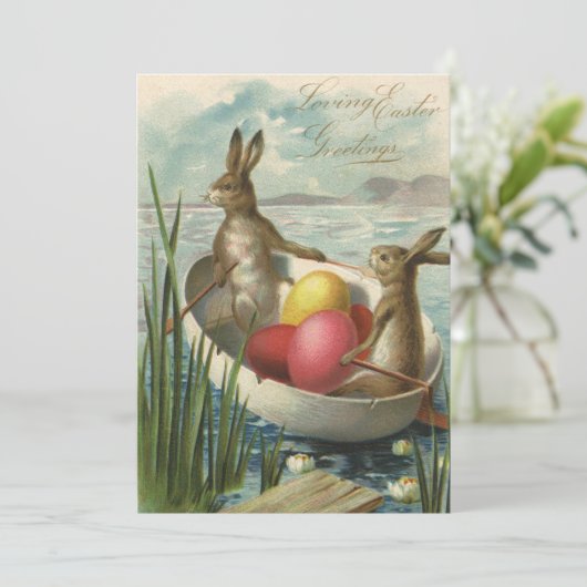 ヴィンテージイースターエッグとボートのイースターバニー 招待状 (スタンド正面)