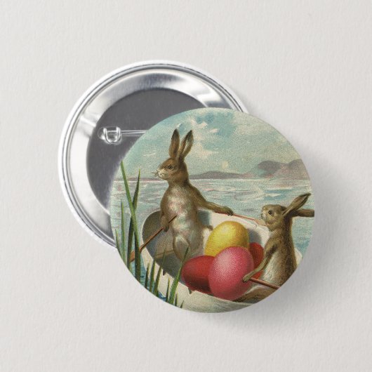 ヴィンテージイースターエッグとボートのイースターバニー 缶バッジ (正面&裏面)