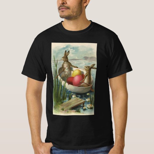 ヴィンテージイースターエッグとボートのイースターバニー Tシャツ (正面)