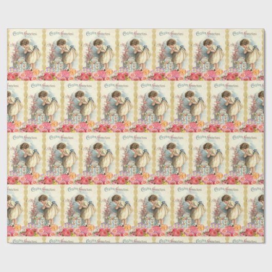 ヴィンテージイースターエッグバスケットかわいい幸せ小さな女の子 ラッピングペーパー (フラット)