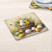 ヴィンテージイースターエッグ、巣と白い水仙 スクエアペーパーコースター (アングル)