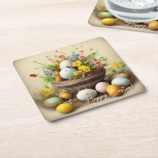 ヴィンテージイースターエッグ、巣と白い水仙 スクエアペーパーコースター (アングル)