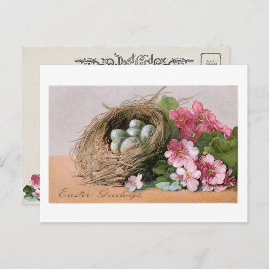 ヴィンテージイースターエッグ、巣&ピンクポリアンサス ポストカード (正面/裏面)