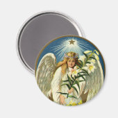 ヴィンテージイースターエンジェル、子羊、リリー花、金ゴールドスター マグネット (正面/裏面)