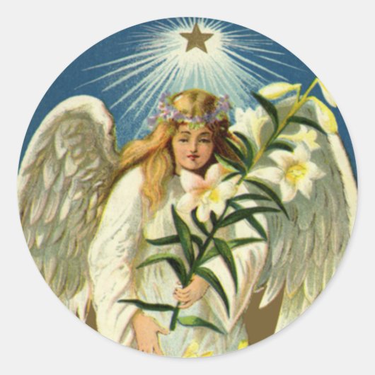 ヴィンテージイースターエンジェル、子羊、リリー花、金ゴールドスター ラウンドシール (正面)