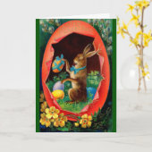 ヴィンテージイースターカード – イースターバニーin卵 カード (黄色い花)