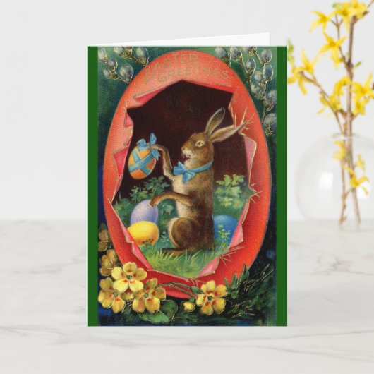 ヴィンテージイースターカード – イースターバニーin卵 カード (黄色い花)