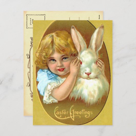 ヴィンテージイースターガールとバニー シーズンポストカード (正面/裏面)