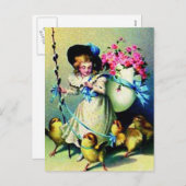 ヴィンテージイースターガールとベビーチックス シーズンポストカード (正面/裏面)